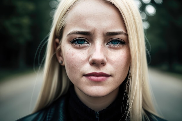 Eine Frau mit blauen Augen und einer schwarzen Jacke