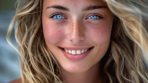 eine Frau mit blauen Augen und Freckles auf ihrem Gesicht