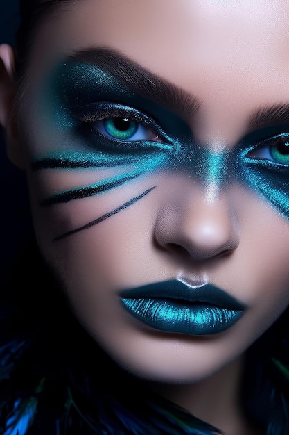 Eine Frau mit blauen Augen und schwarz-blauem Make-up.