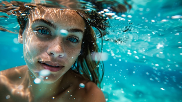 eine Frau mit blauen Augen unter Wasser, die auf die Kamera schaut