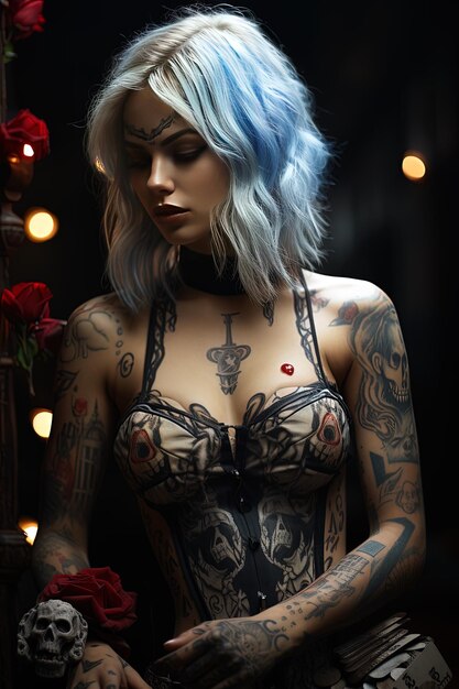 eine Frau mit blauen Haaren und einem Tattoo auf dem Arm