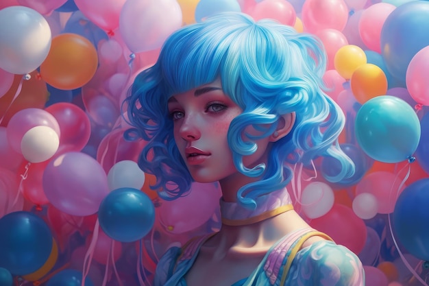 Eine Frau mit blauen Haaren und einer blauen Perücke ist von Luftballons umgeben.