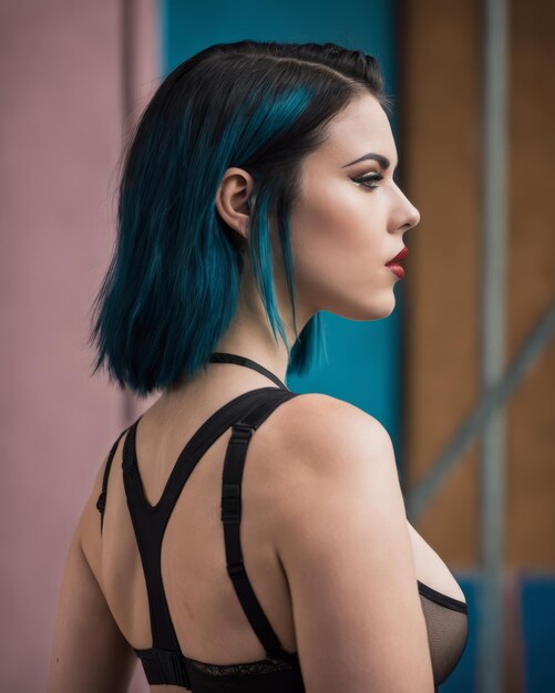 Eine Frau mit blauen Haaren und schwarzen Dessous