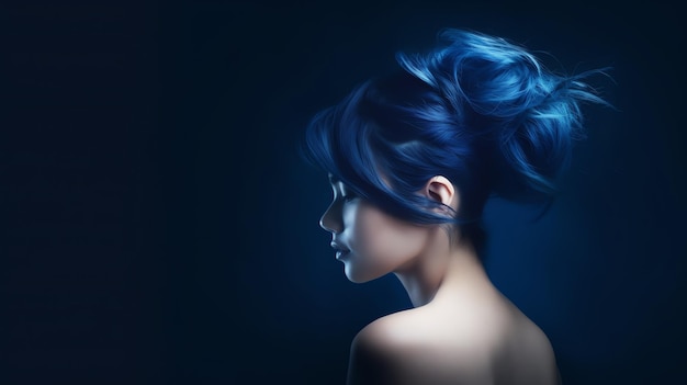 Eine Frau mit blauen Haaren vor dunklem Hintergrund