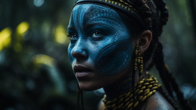 Eine Frau mit blauer Gesichtsbemalung und einem blauen Gesicht mit dem Namens-Avatar.