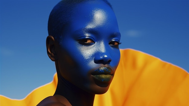 Eine Frau mit blauer Haut und strahlend blauen Augen steht vor einem blauen Himmel.