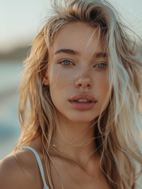 Foto eine frau mit blonden haaren, die am strand steht