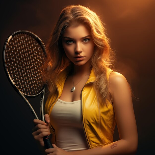 eine Frau mit blonden Haaren, die ein Tennisschläger hält