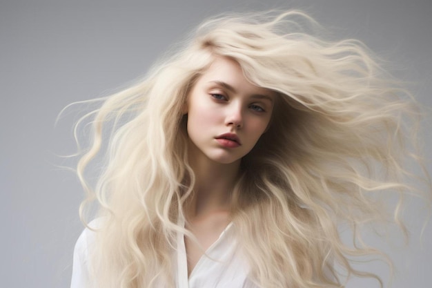 Eine Frau mit blonden Haaren, die im Wind wehen