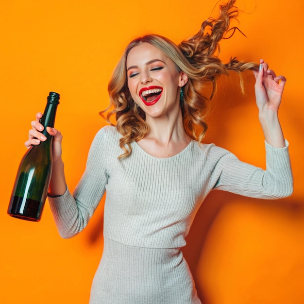 eine Frau mit blonden Haaren hält eine Flasche Wein