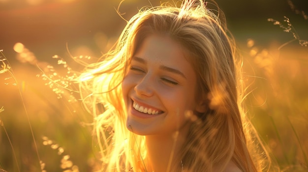 Foto eine frau mit blonden haaren lächelt und die sonne scheint hinter ihr