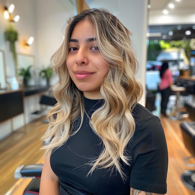Foto eine frau mit blonden haaren sitzt auf einem stuhl in einem salon