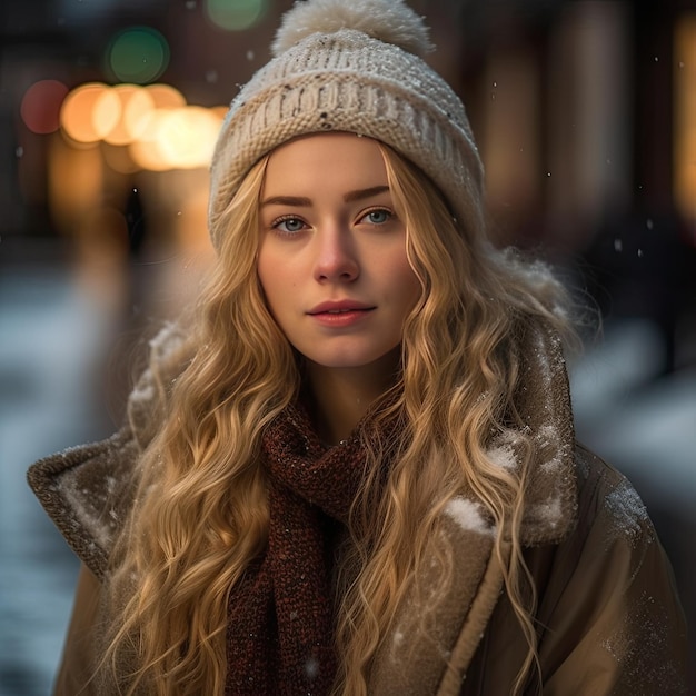 Eine Frau mit blonden Haaren und braunem Hut steht im Schnee.