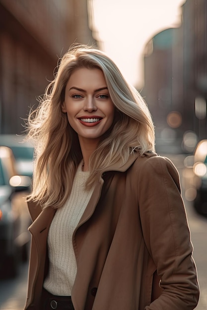 Eine Frau mit blonden Haaren und braunem Mantel lächelt in die Kamera.