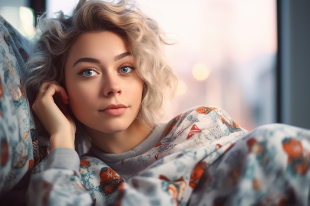 Eine Frau mit blonden Haaren und einem grauen Pullover liegt auf einem Bett.