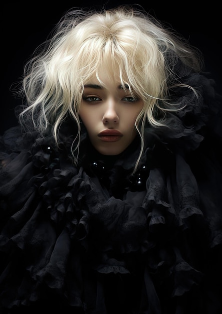 eine Frau mit blonden Haaren und einem schwarzen Kleid mit einer schwarzen Blume auf der Unterseite