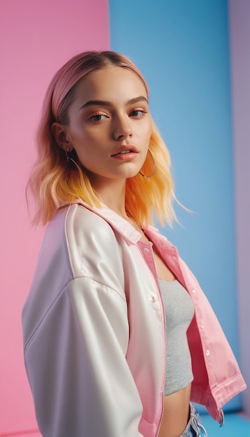 Foto eine frau mit blonden haaren und einer rosa-weißen jacke