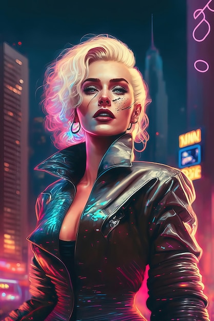 Eine Frau mit blonden Haaren und einer schwarzen Jacke steht vor Cyberpunk City