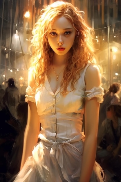 Foto eine frau mit blonden haaren und weißem kleid steht vor einem spiegel.