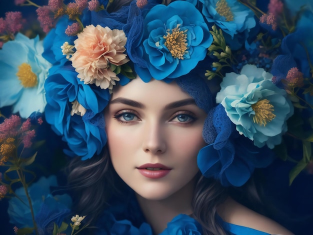 Eine Frau mit Blumen auf dem Kopf und einem blauen Stirnband ist von Blumen umgeben, die von der KI erzeugt wurden