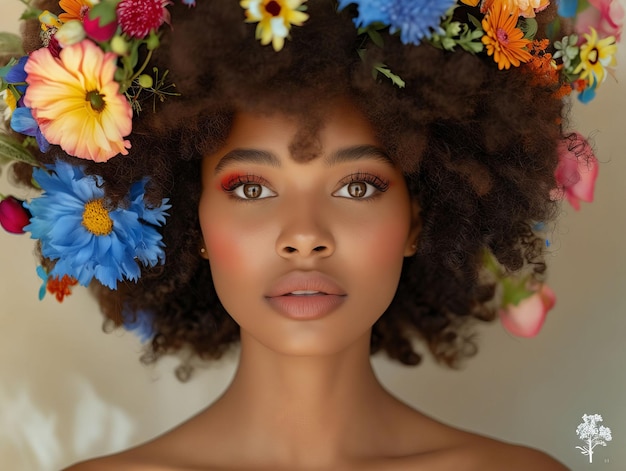 Eine Frau mit Blumen auf dem Kopf
