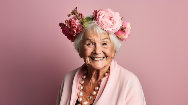 Eine Frau mit Blumen auf dem Kopf