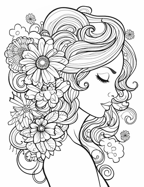 eine Frau mit Blumen im Haar Malseite generative ai