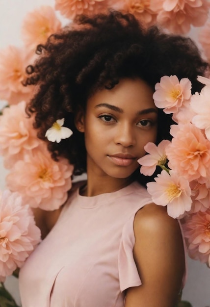 eine Frau mit Blumen im Haar und einem rosa Hemd