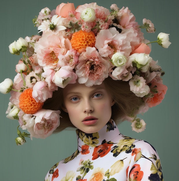 Foto eine frau mit blumenhut trägt einen blumenkopfschmuck.