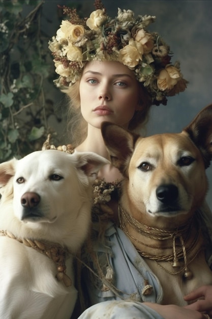 Eine Frau mit Blumenkranz und zwei Hunden