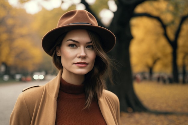 Eine Frau mit braunem Hut steht in einem Park vor einem Baum.