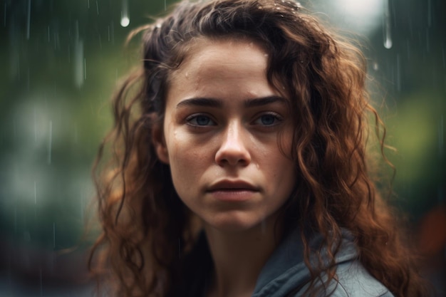 Eine Frau mit braunen Haaren steht im Regen.