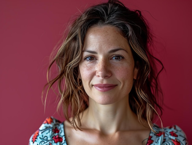 Foto eine frau mit braunen haaren und einem blumigen top