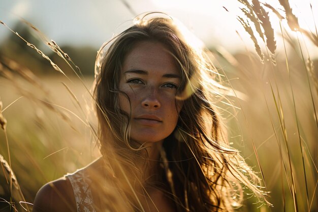 Foto eine frau mit braunen haaren und freckles schaut in die kamera generative ki