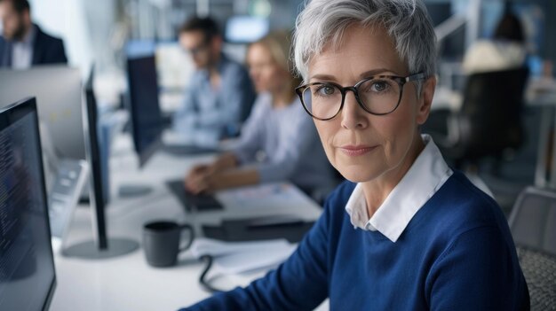 Foto eine frau mit brille arbeitet an einem schreibtisch in einem ingenieurbüro