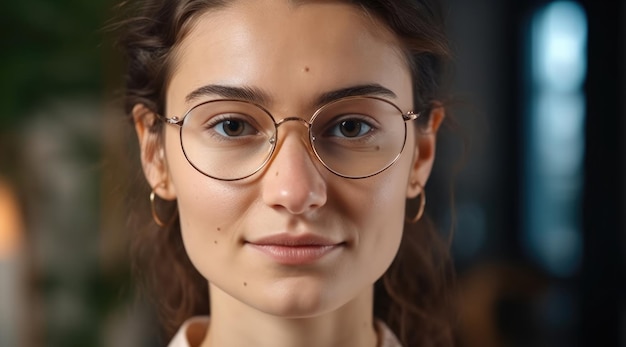 Eine Frau mit Brille, auf der steht: „Ich bin ein Mädchen“