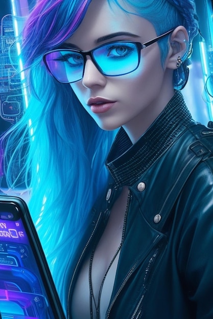 Eine Frau mit Brille blickt auf ein Telefon, hinter dem ein blaues Licht leuchtet.