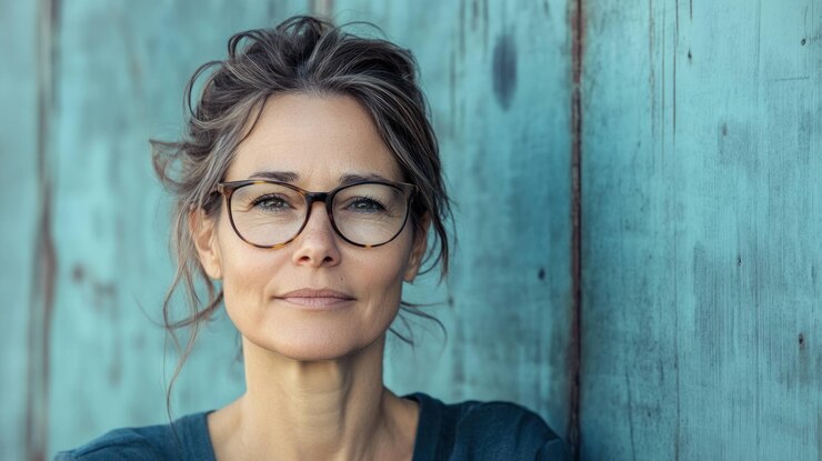 eine Frau mit Brille, einem blauen Hemd und einem blauen Shirt