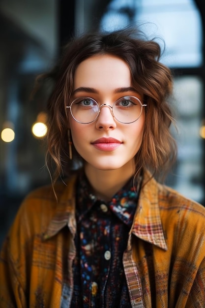 Eine Frau mit Brille im Gesicht trägt eine braune Jacke und eine braune Jacke.