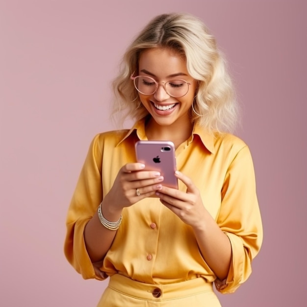 Eine Frau mit Brille lächelt und schaut auf ihr Telefon