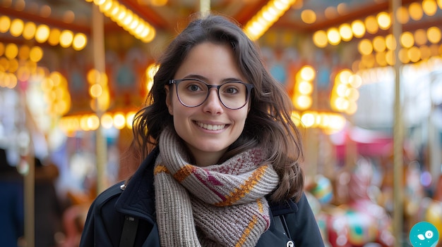 Eine Frau mit Brille lächelt vor einem Karussell