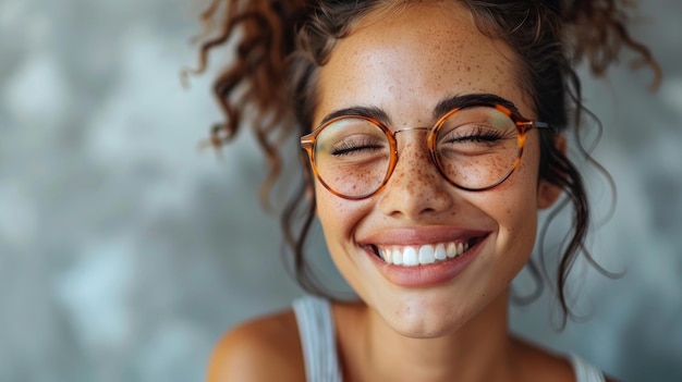 Eine Frau mit Brille lächelt, während sie direkt in die Kamera schaut