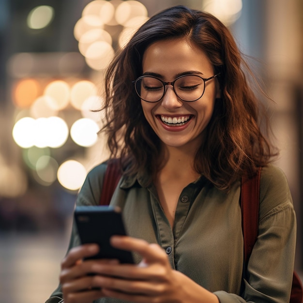 Eine Frau mit Brille schaut auf ihr Telefon und lächelt