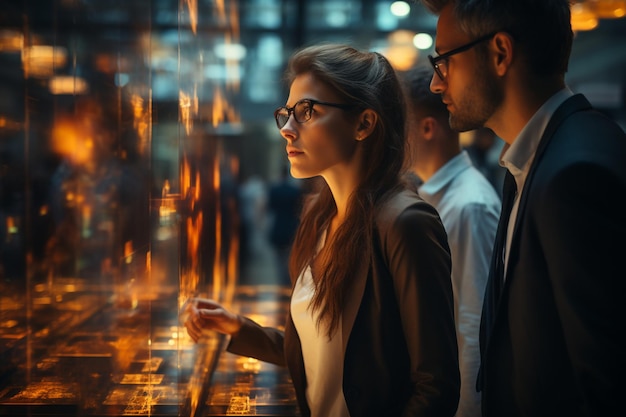 Eine Frau mit Brille schaut einen Mann in einer Fabrik mit einem Mann in Anzug und Brille an.