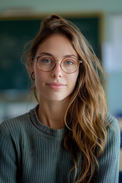 Foto eine frau mit brille schaut in die kamera und lächelt in die kamera mit einem ernsthaften blick auf sie