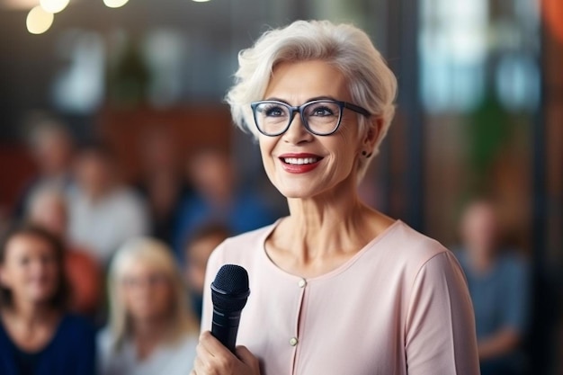 eine Frau mit Brille singt vor einem Mikrofon