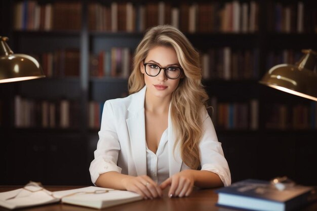 Eine Frau mit Brille sitzt an einem Tisch und hat ein Buch auf dem Tisch.