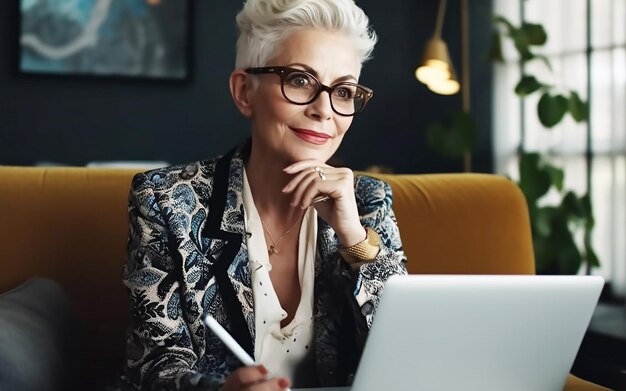 Eine Frau mit Brille sitzt mit einem Laptop an einem Tisch.