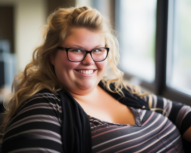 Foto eine frau mit brille sitzt vor einem fenster