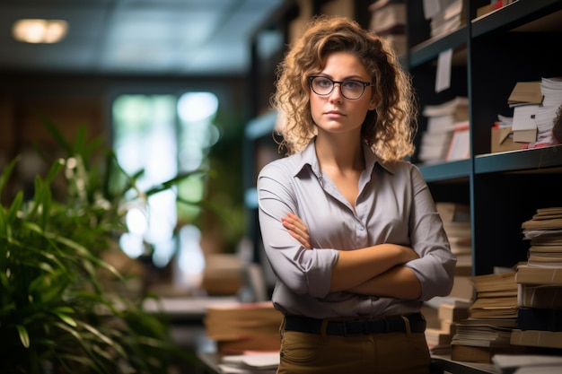 Foto eine frau mit brille steht vor bücherregalen